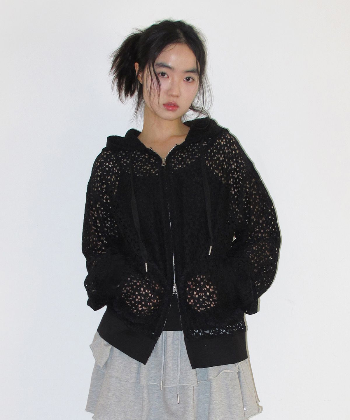 아메스 월드와이드(AMES-WORLDWIDE) LACE HOODIE ZIP-UP BLACK