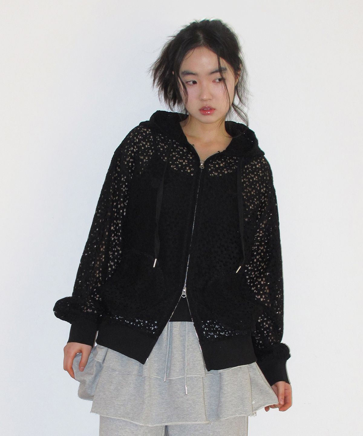 아메스 월드와이드(AMES-WORLDWIDE) LACE HOODIE ZIP-UP BLACK