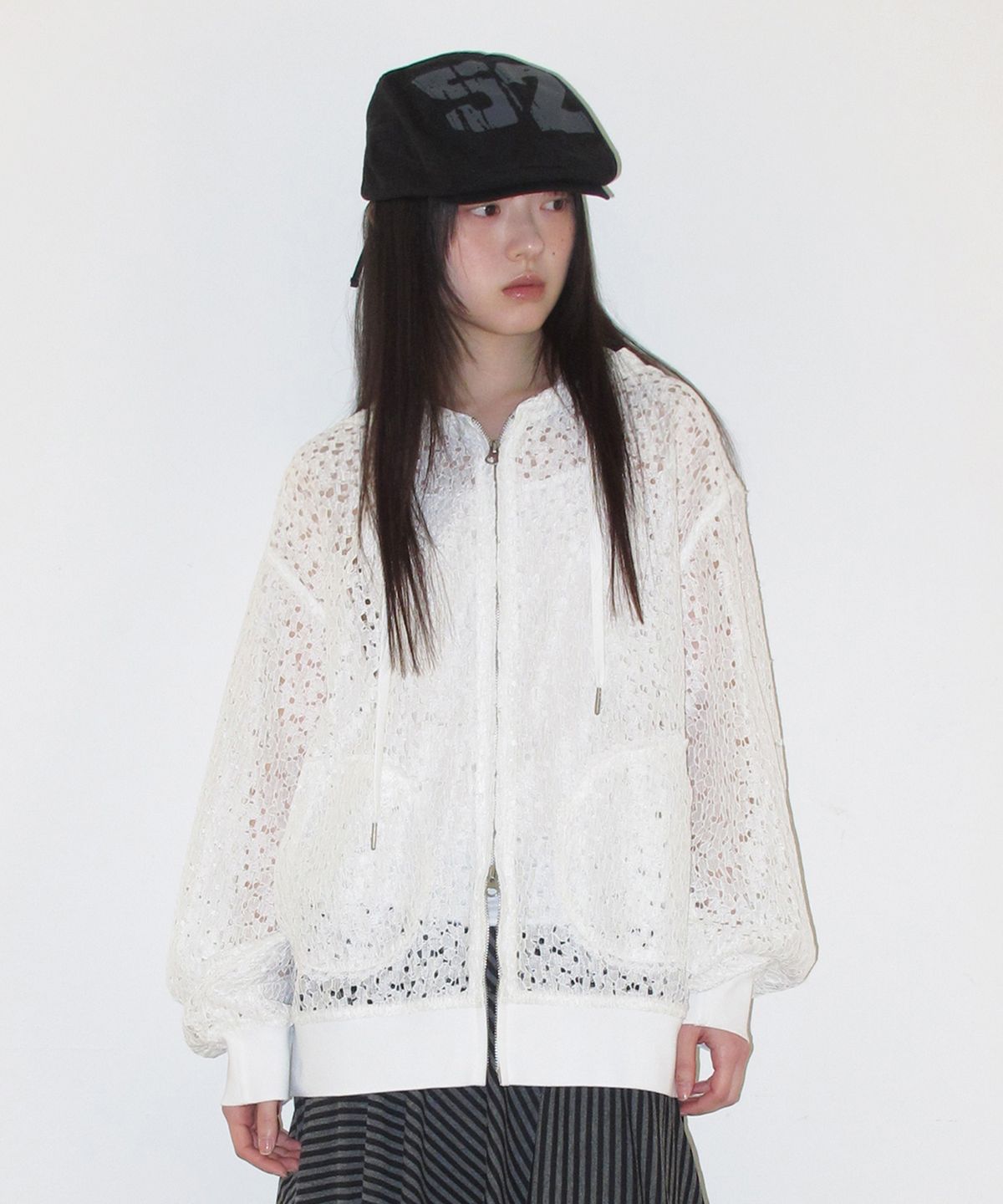 아메스 월드와이드(AMES-WORLDWIDE) LACE HOODIE ZIP-UP IVORY
