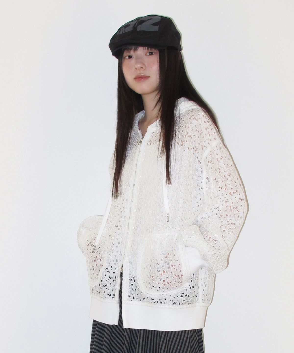 아메스 월드와이드(AMES-WORLDWIDE) LACE HOODIE ZIP-UP IVORY