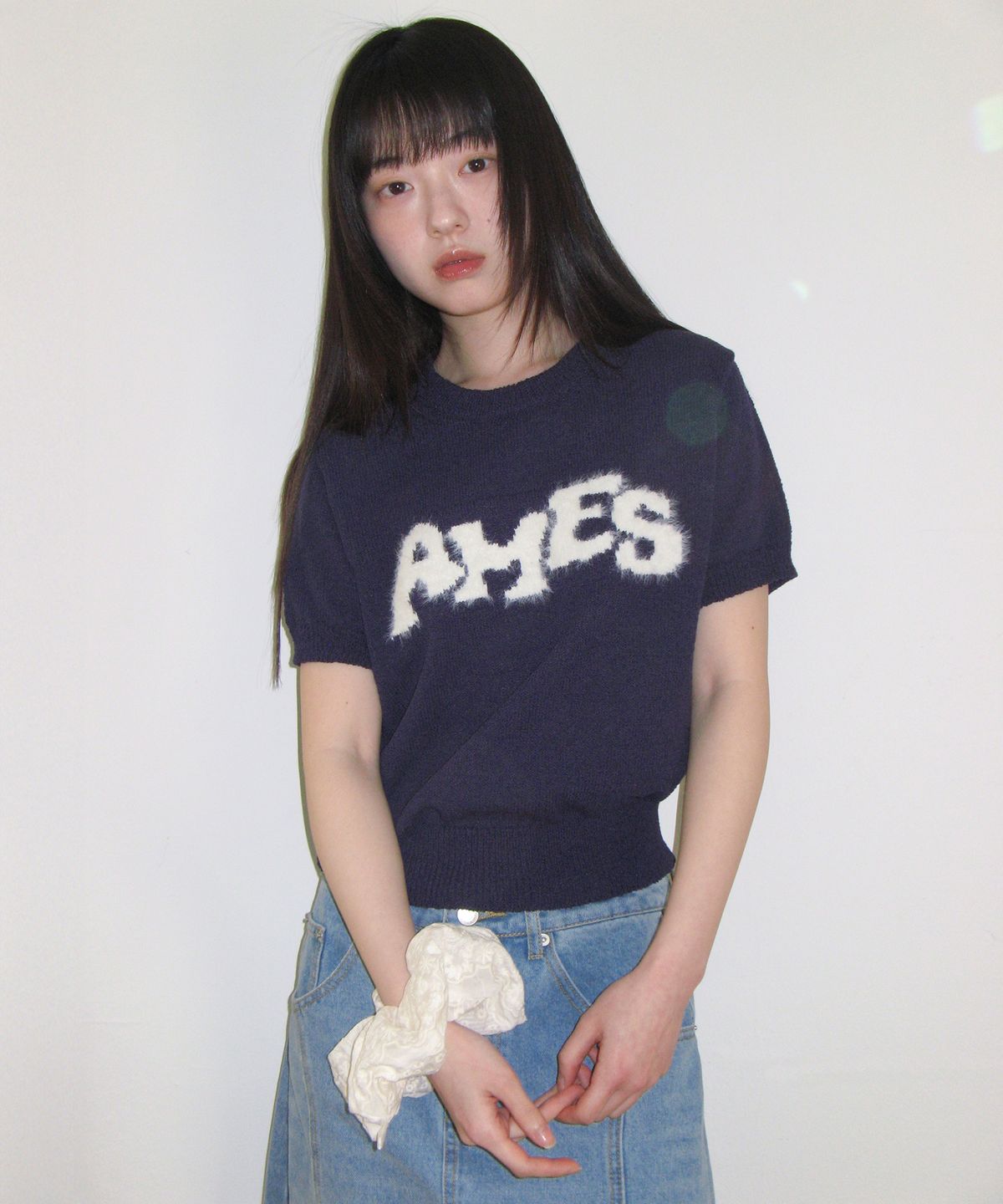 아메스 월드와이드(AMES-WORLDWIDE) HAIRY LOGO SHORT SLEEVE KNIT NAVY