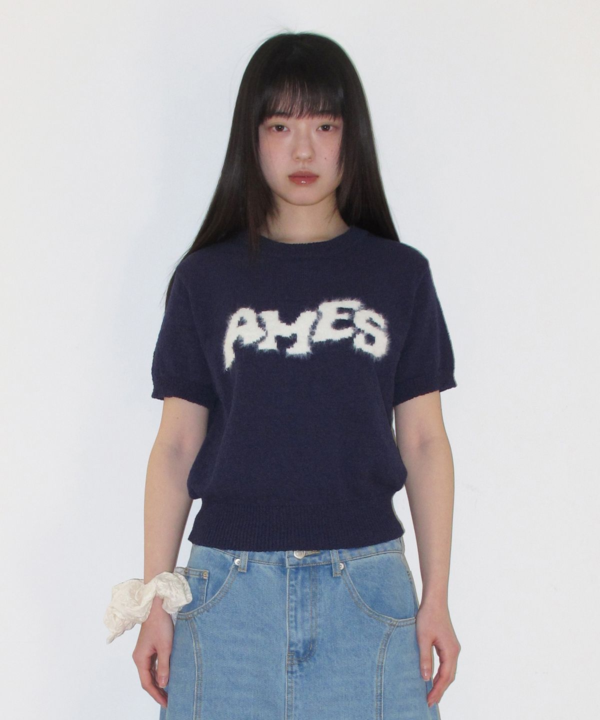 아메스 월드와이드(AMES-WORLDWIDE) HAIRY LOGO SHORT SLEEVE KNIT NAVY