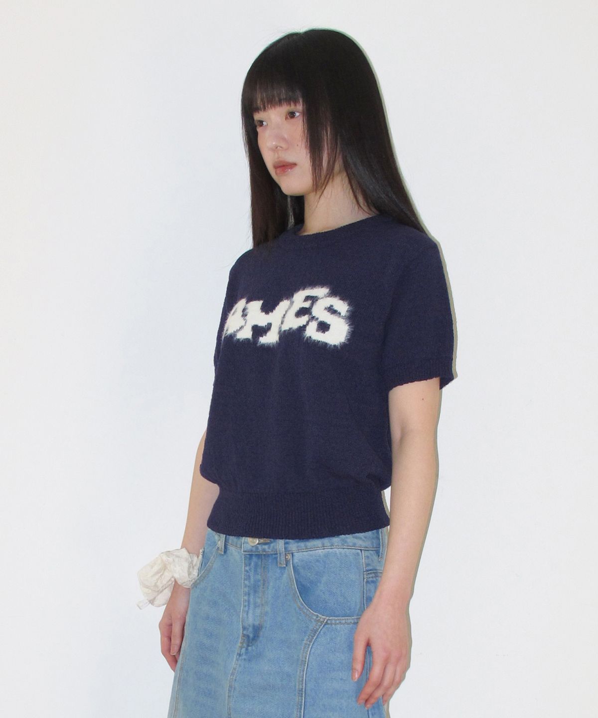 아메스 월드와이드(AMES-WORLDWIDE) HAIRY LOGO SHORT SLEEVE KNIT NAVY