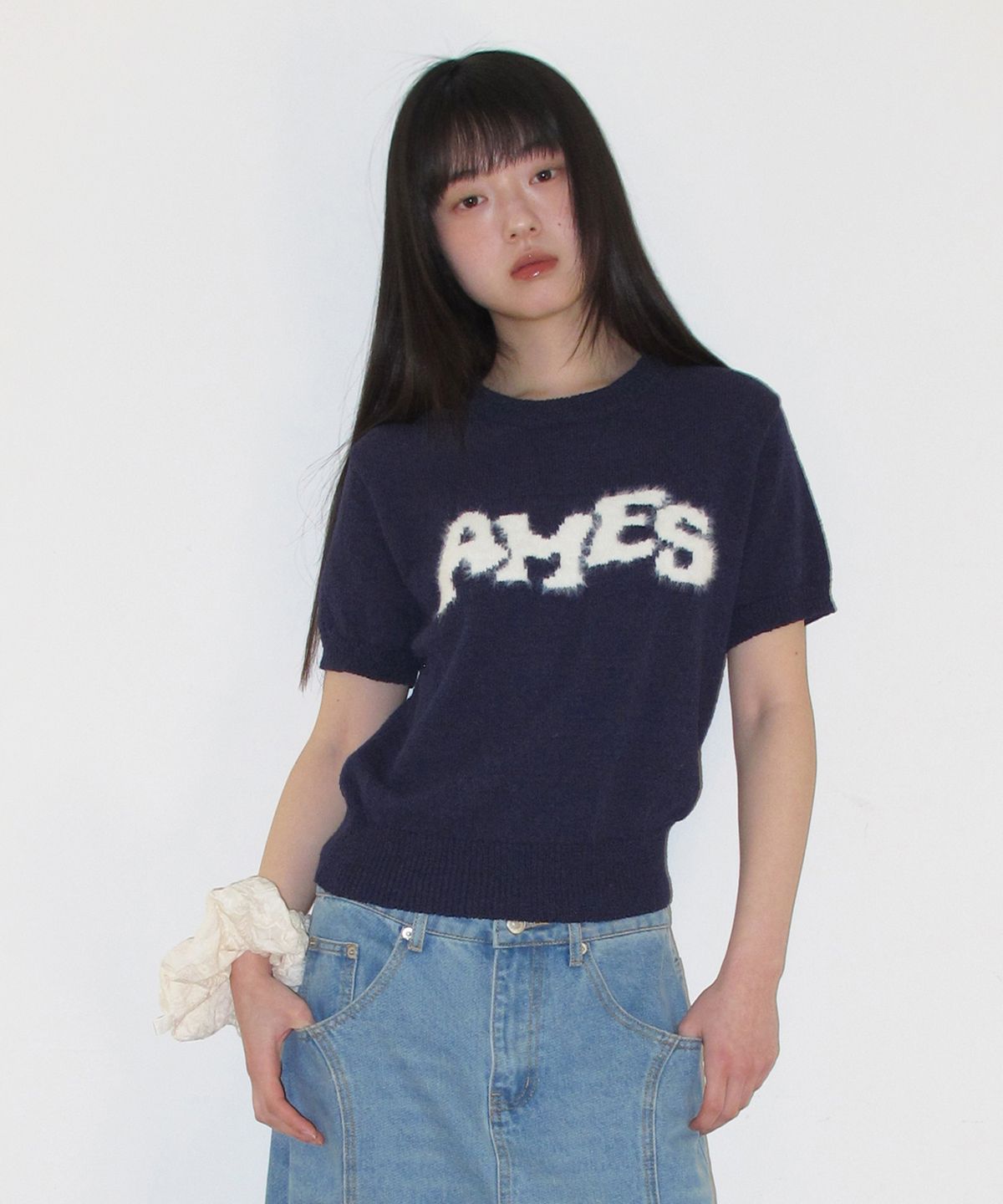아메스 월드와이드(AMES-WORLDWIDE) HAIRY LOGO SHORT SLEEVE KNIT NAVY