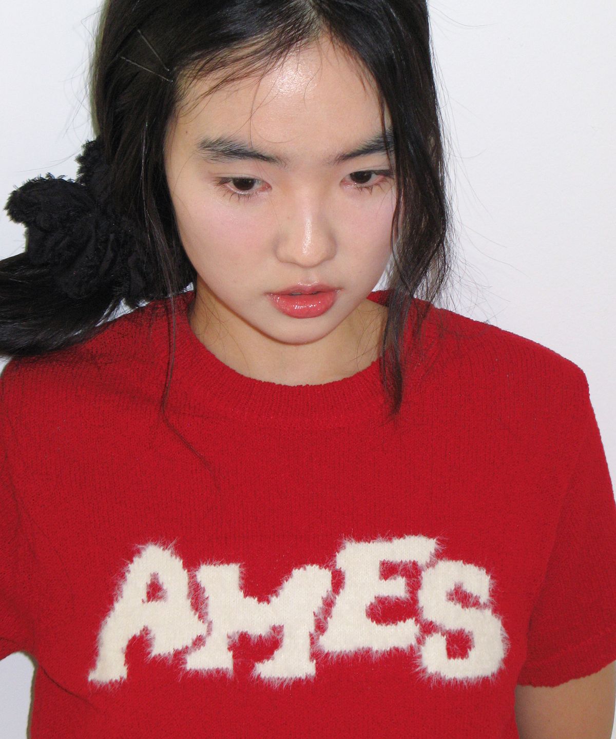 아메스 월드와이드(AMES-WORLDWIDE) HAIRY LOGO SHORT SLEEVE KNIT RED