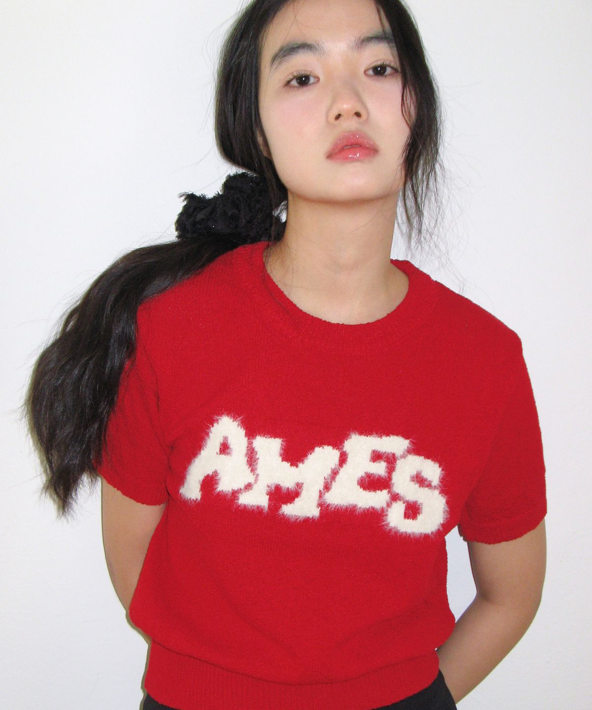 아메스 월드와이드(AMES-WORLDWIDE) HAIRY LOGO SHORT SLEEVE KNIT RED