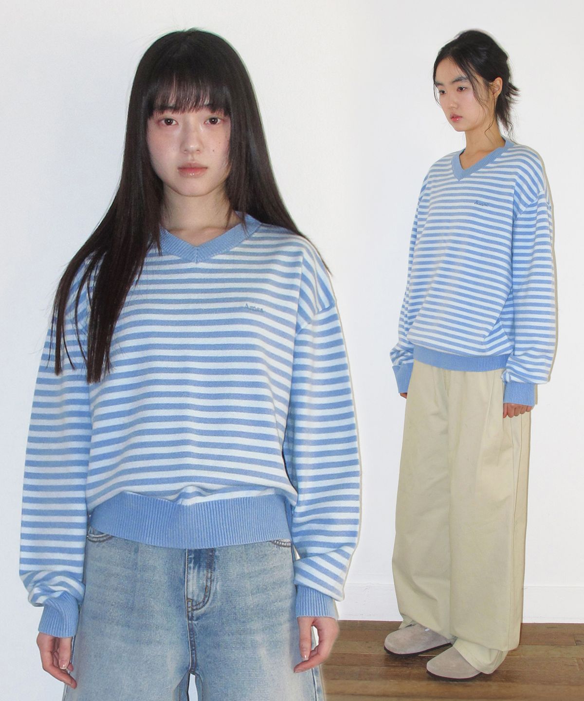 아메스 월드와이드(AMES-WORLDWIDE) BASIC V NECK KNIT LIGHT BLUE