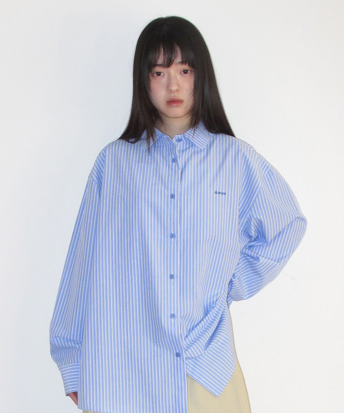 아메스 월드와이드(AMES-WORLDWIDE) OVER FIT STRIPE SHIRTS LIGHT BLUE