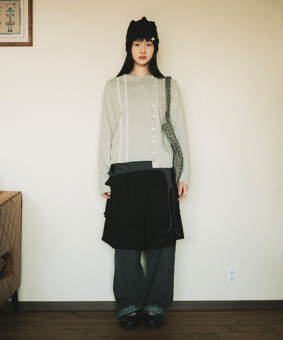 오헤시오(OHESHIO) REVERSIBLE LAYERED BEANIE, CHARCOAL