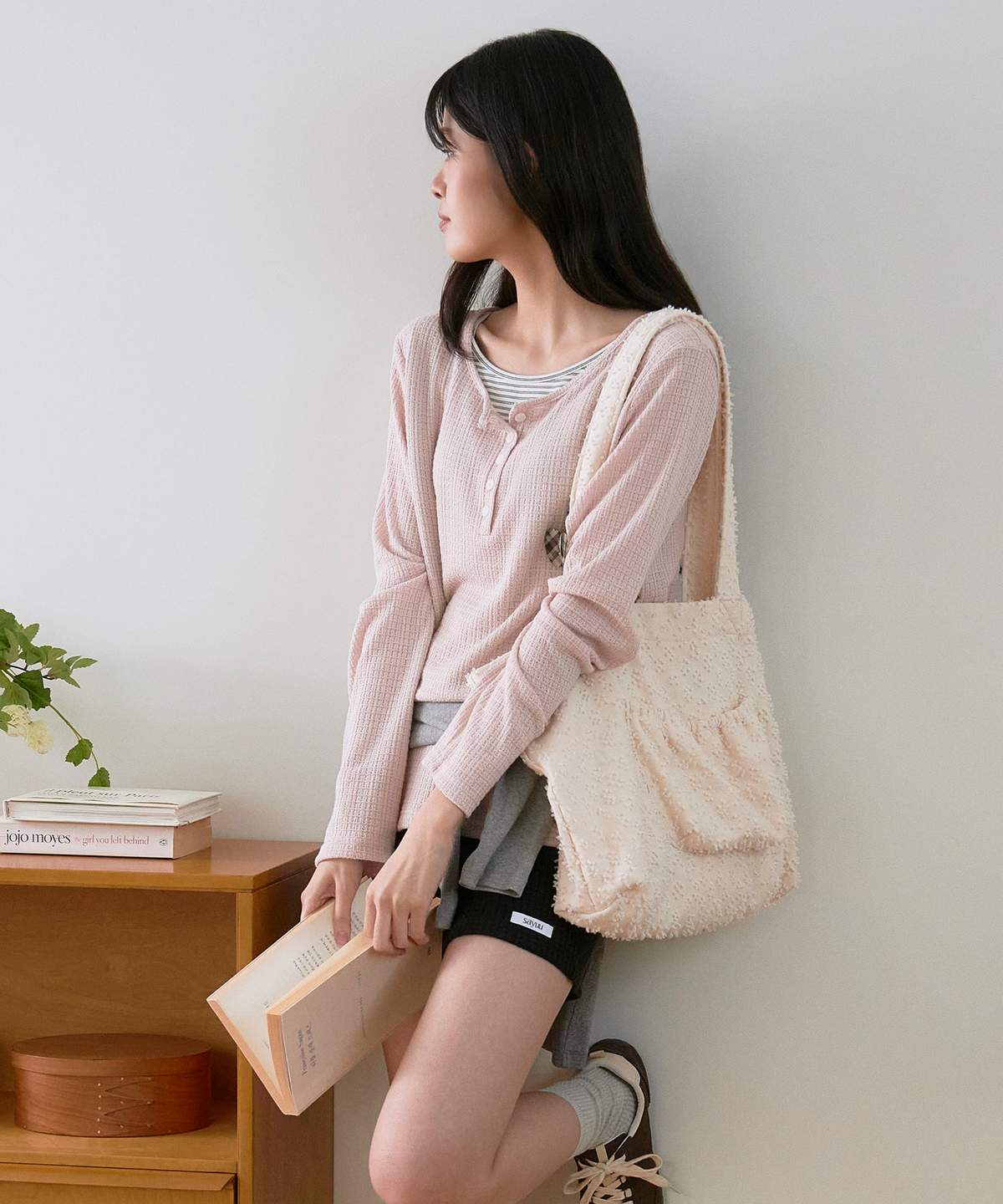 사유(SAYUU) 소프트 레이어드 헨리넥 티셔츠 더스티 핑크