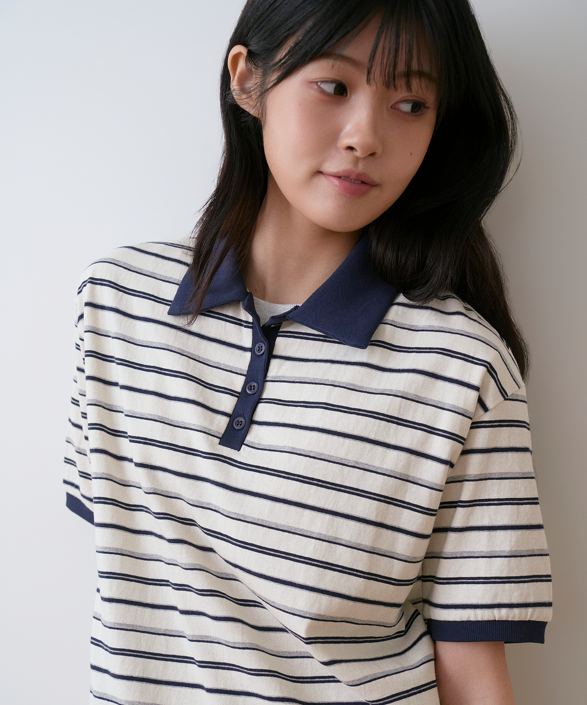 사유(SAYUU) 스트라이프 비스킷 칼라 반팔 티 아이보리