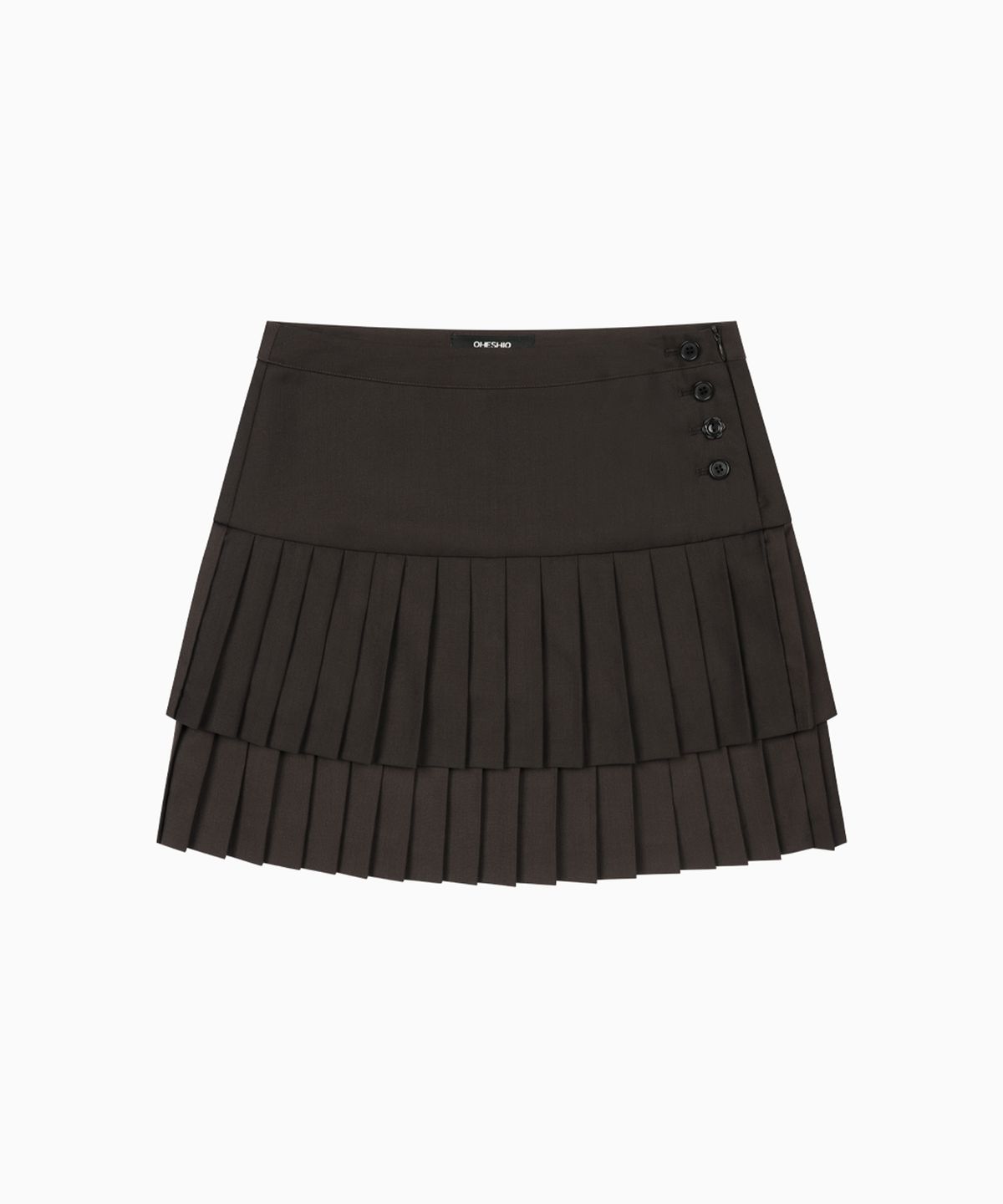 오헤시오(OHESHIO) SIDE BUTTON DOUBLE PLEATED MINI SKIRT, BROWN