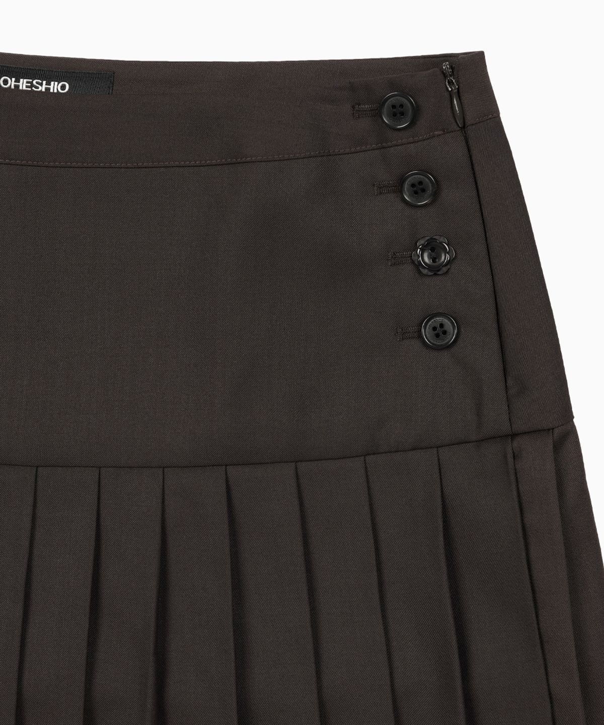 오헤시오(OHESHIO) SIDE BUTTON DOUBLE PLEATED MINI SKIRT, BROWN