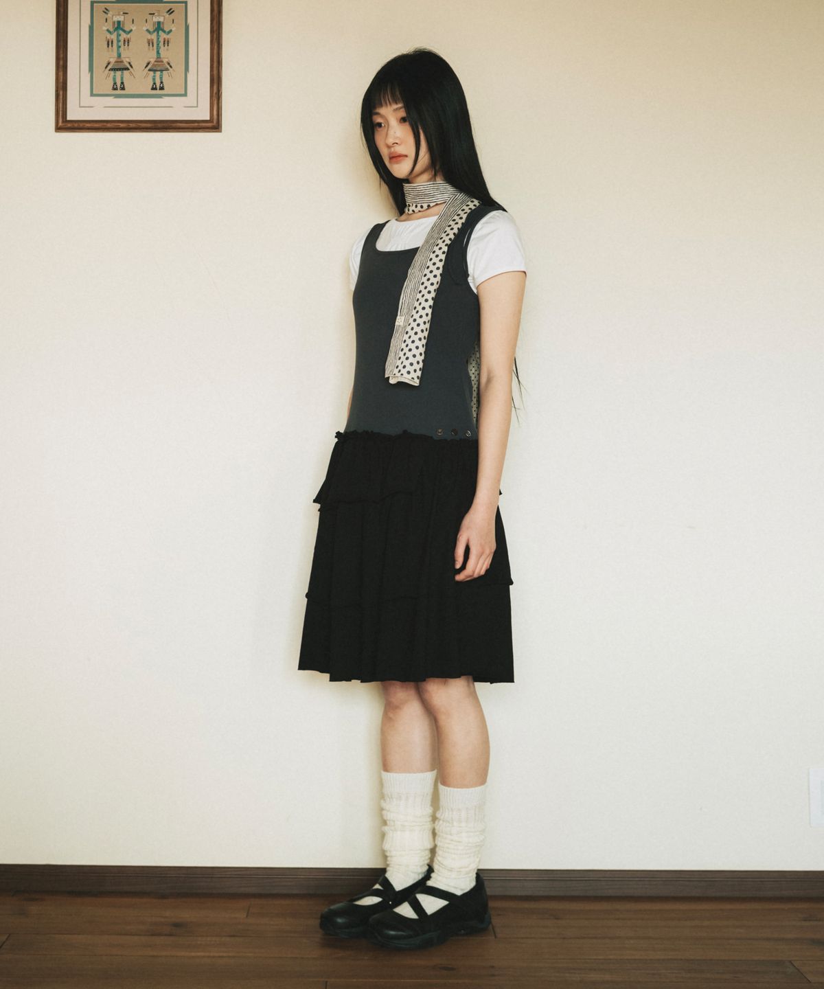 오헤시오(OHESHIO) SHIRRING LAYERED DRESS, CHARCOAL