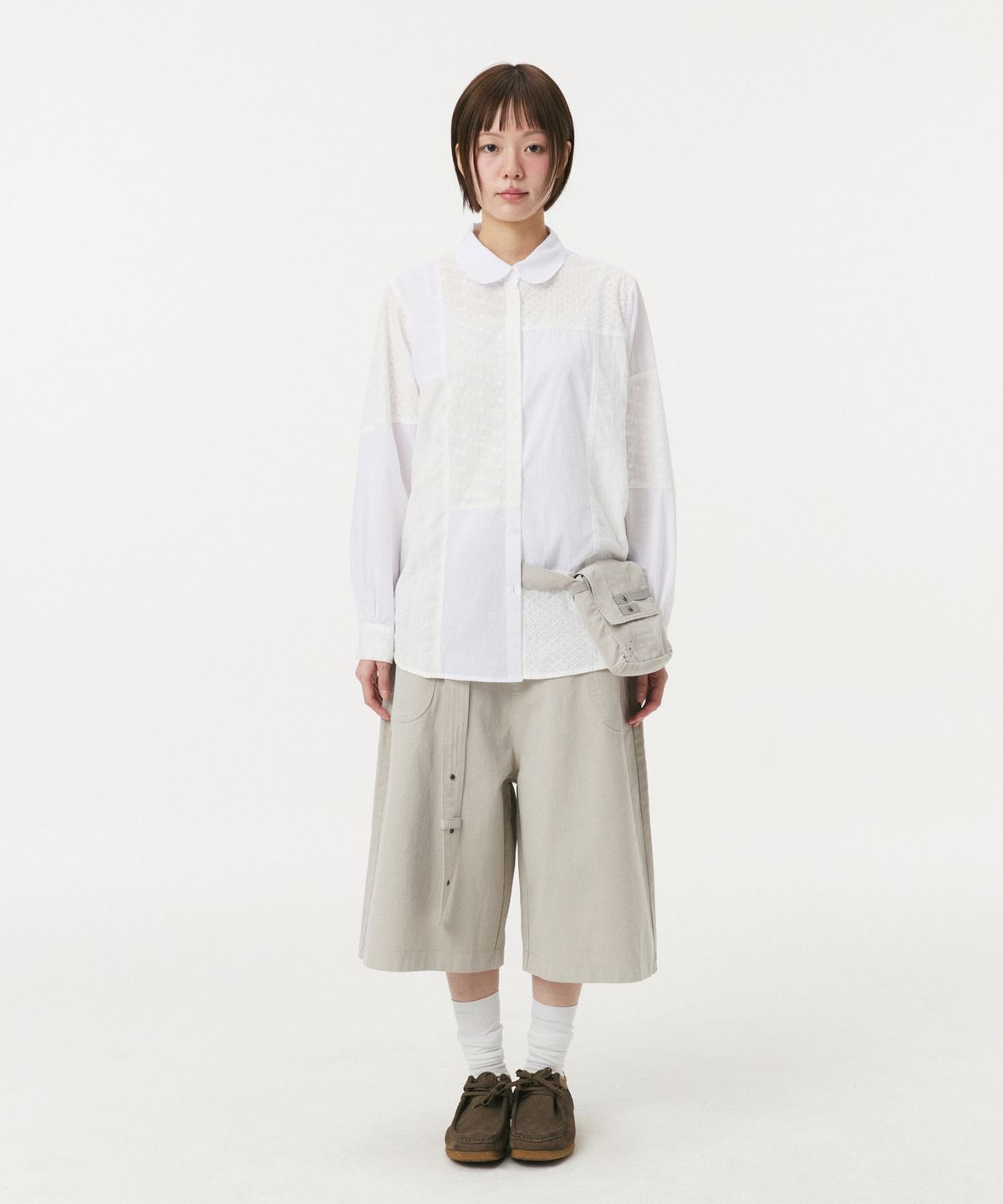 오헤시오(OHESHIO) LACE PATCHWORK PUNCHED SHIRT, WHITE