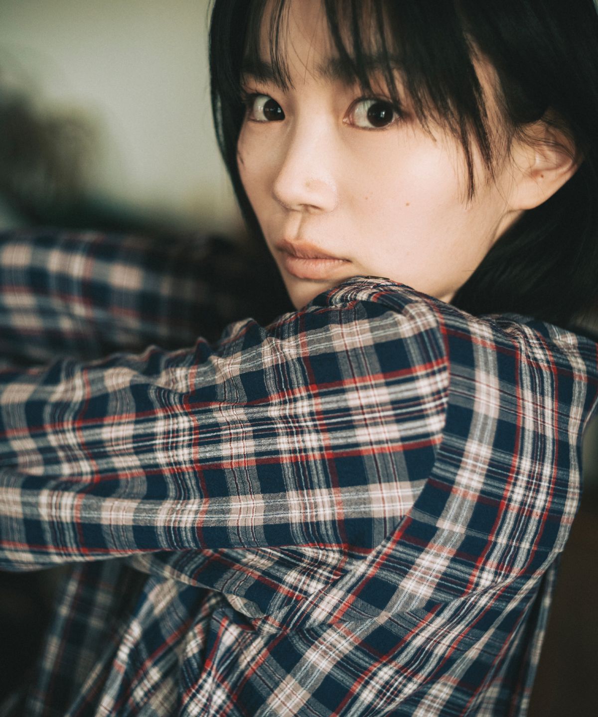 오헤시오(OHESHIO) SMOCKED SHIRRING BLOUSE, NAVY CHECK
