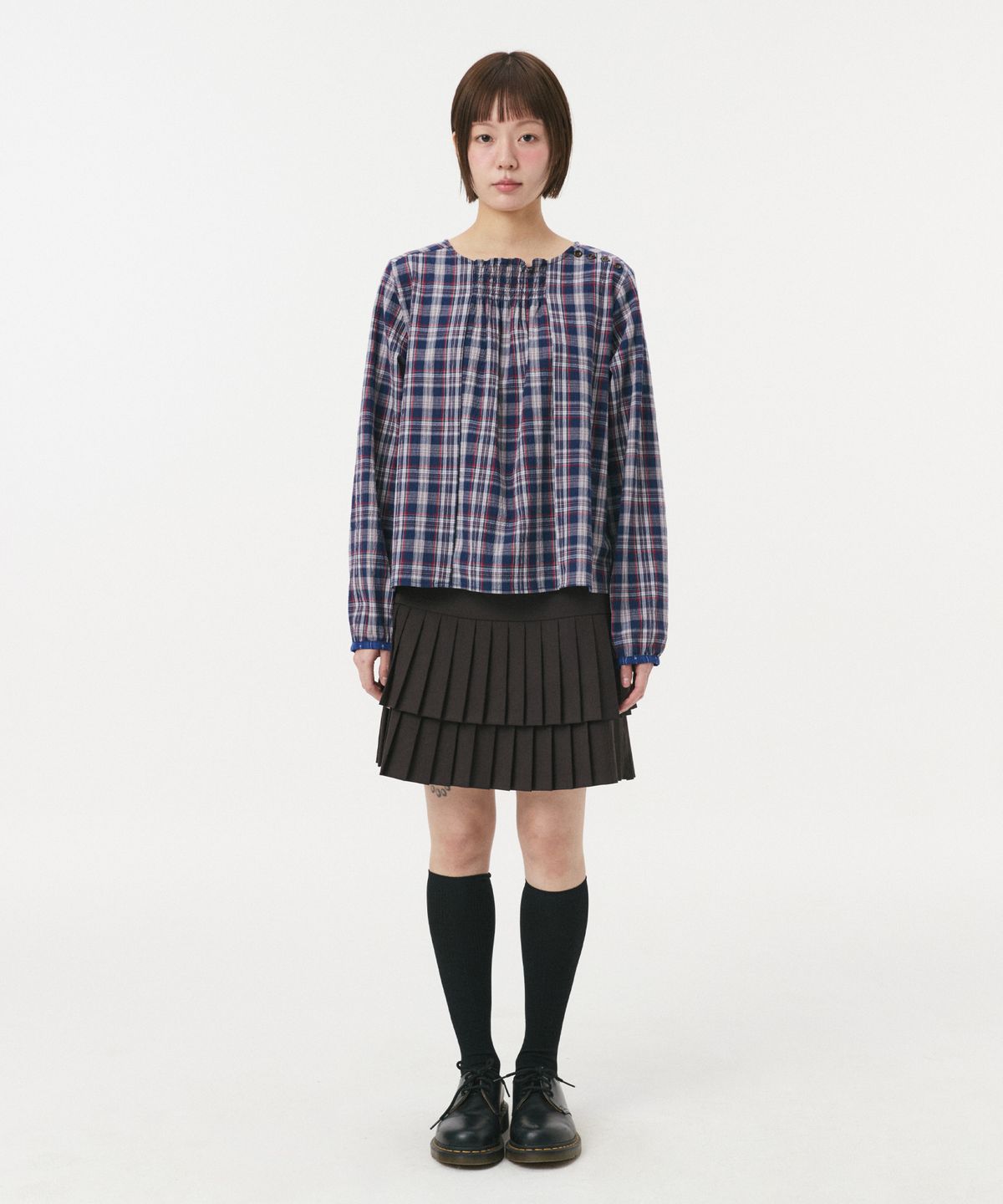 오헤시오(OHESHIO) SMOCKED SHIRRING BLOUSE, NAVY CHECK