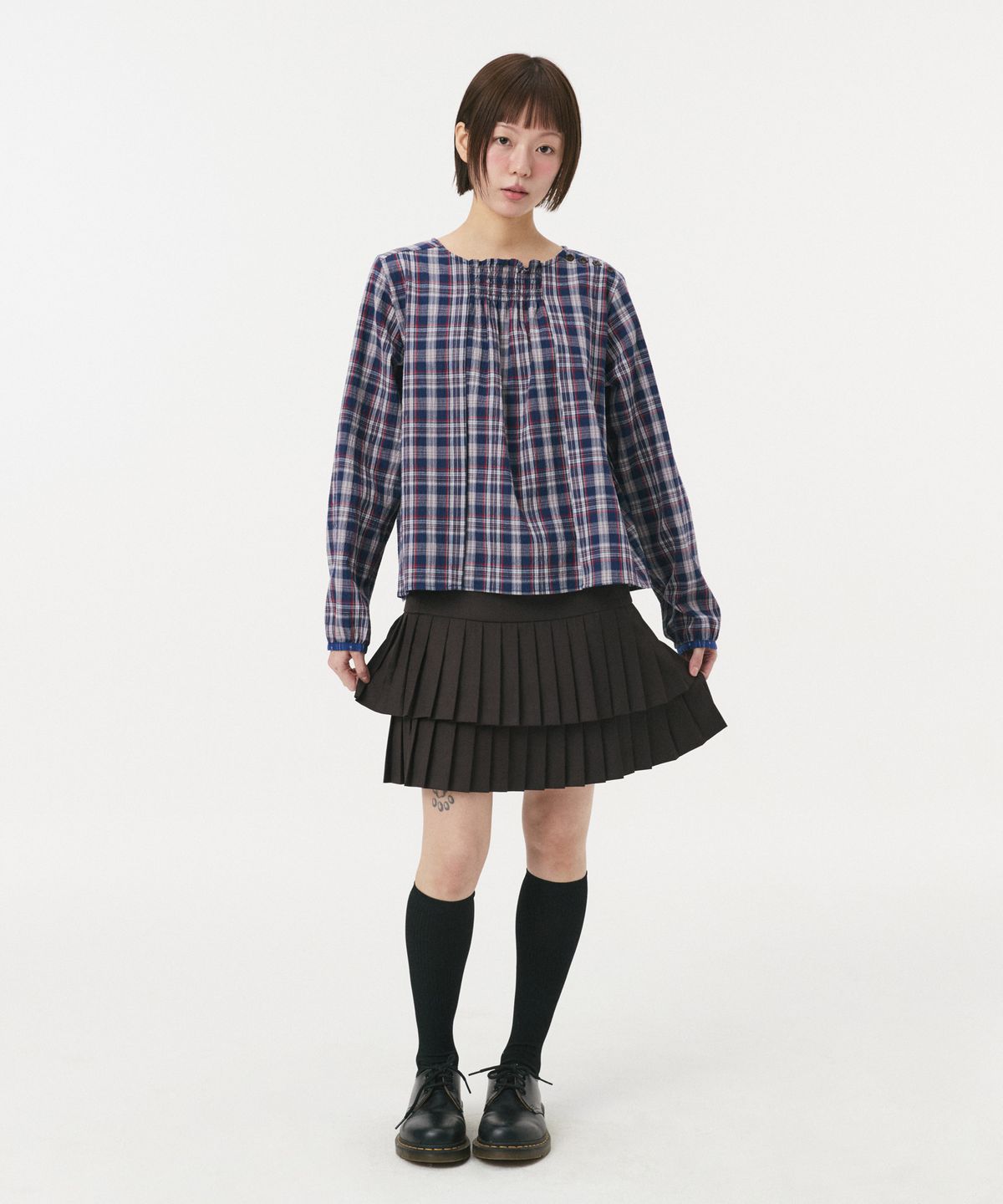 오헤시오(OHESHIO) SMOCKED SHIRRING BLOUSE, NAVY CHECK