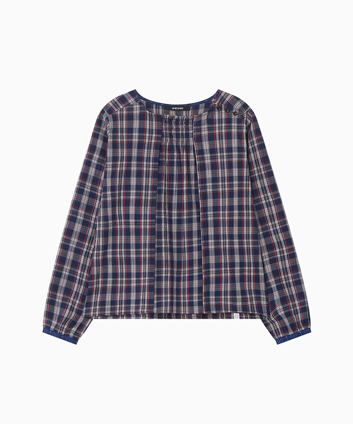 오헤시오(OHESHIO) SMOCKED SHIRRING BLOUSE, NAVY CHECK