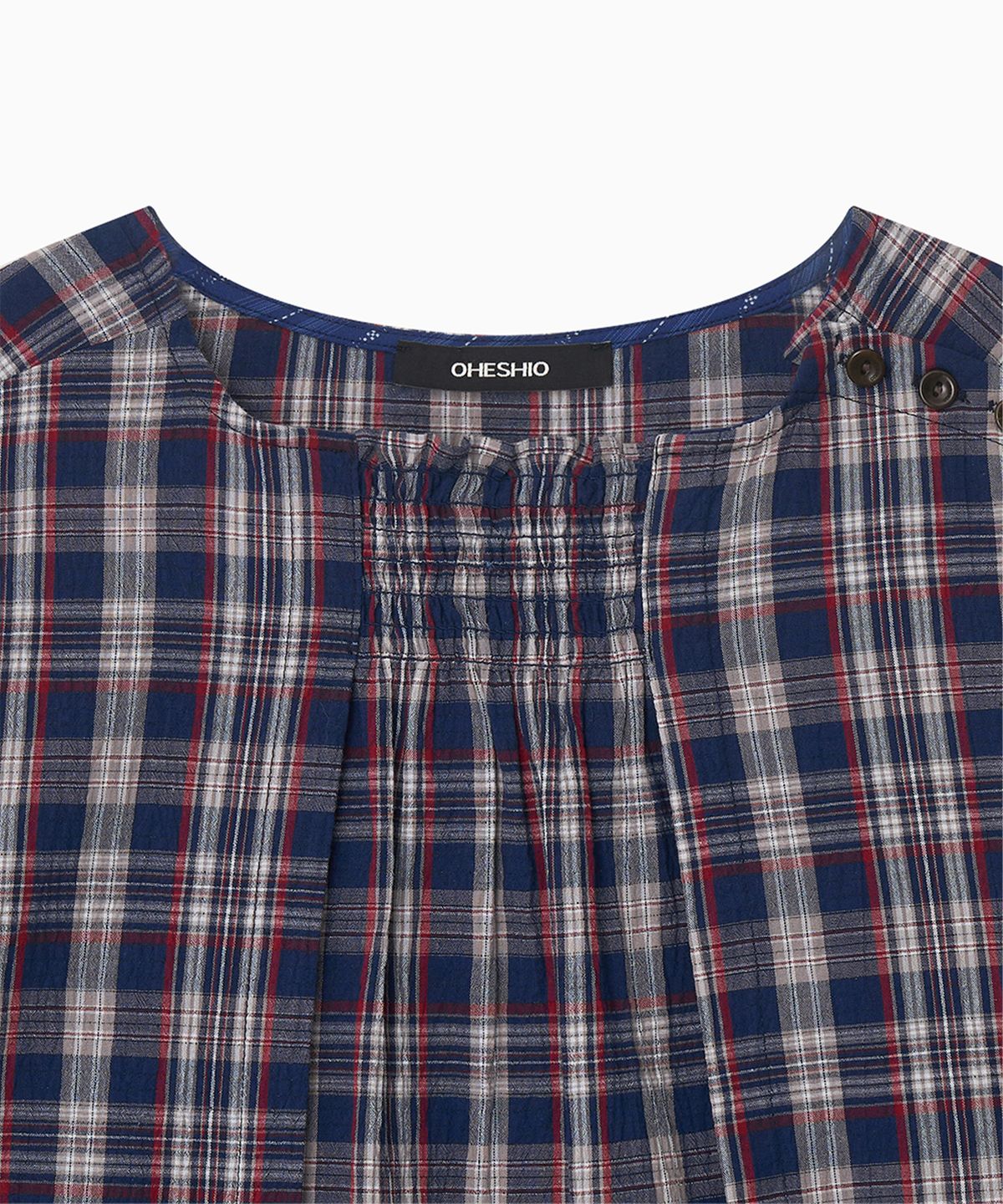 오헤시오(OHESHIO) SMOCKED SHIRRING BLOUSE, NAVY CHECK