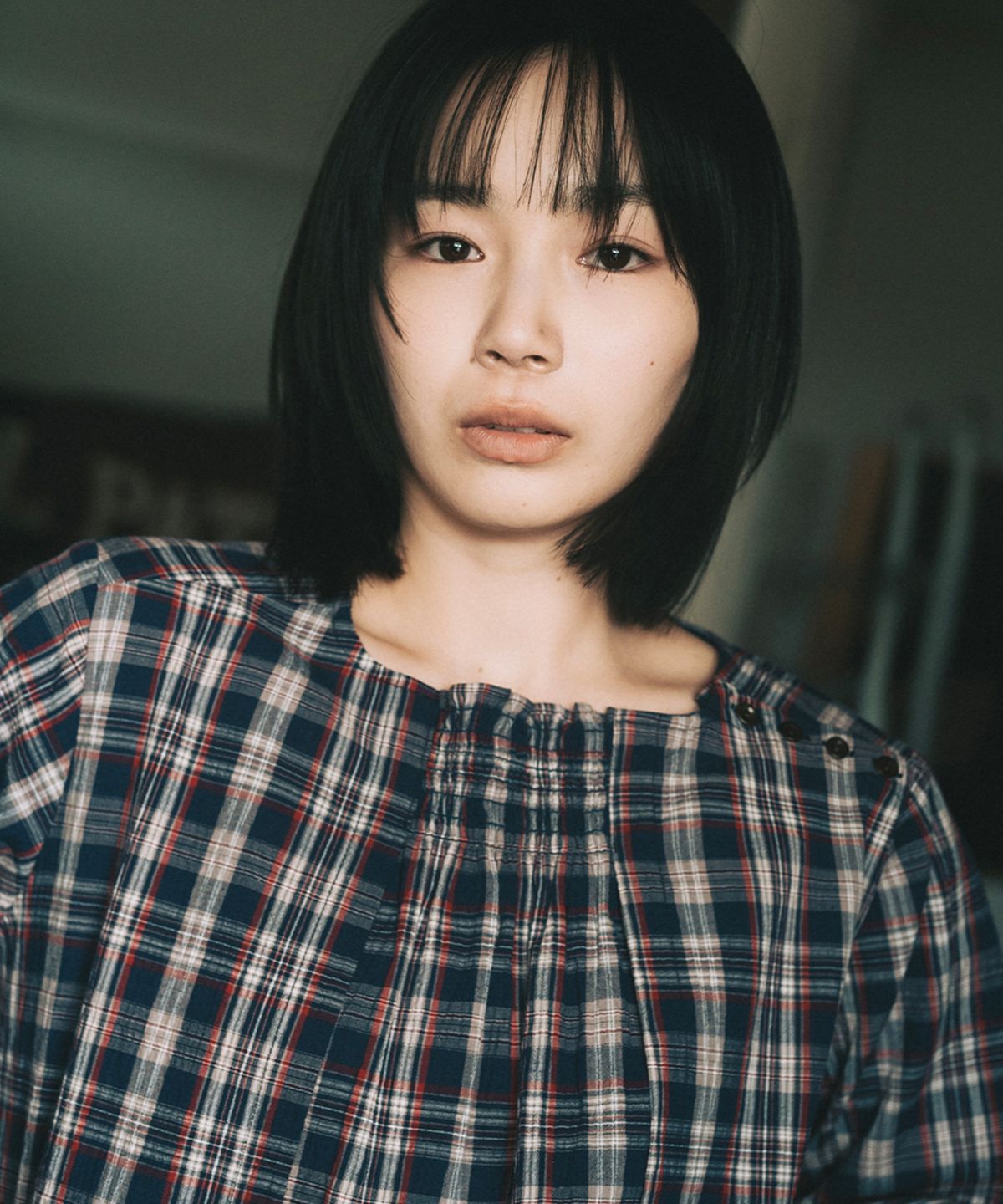 오헤시오(OHESHIO) SMOCKED SHIRRING BLOUSE, NAVY CHECK