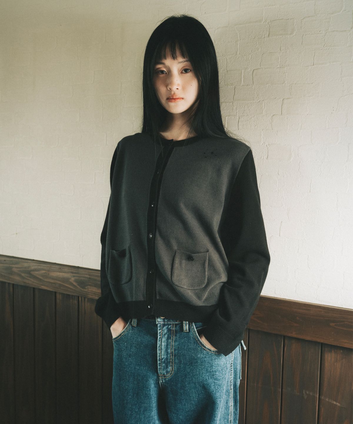 오헤시오(OHESHIO) STAR TWO TONE BUTTON CARDIGAN, BLACK