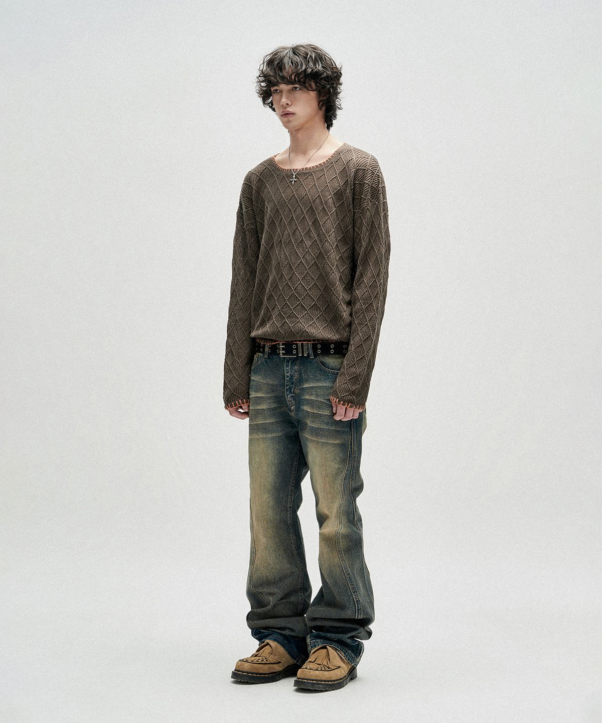낫포너드(NOT4NERD) Distressed Contrast Hand Stitch Knit - Khaki