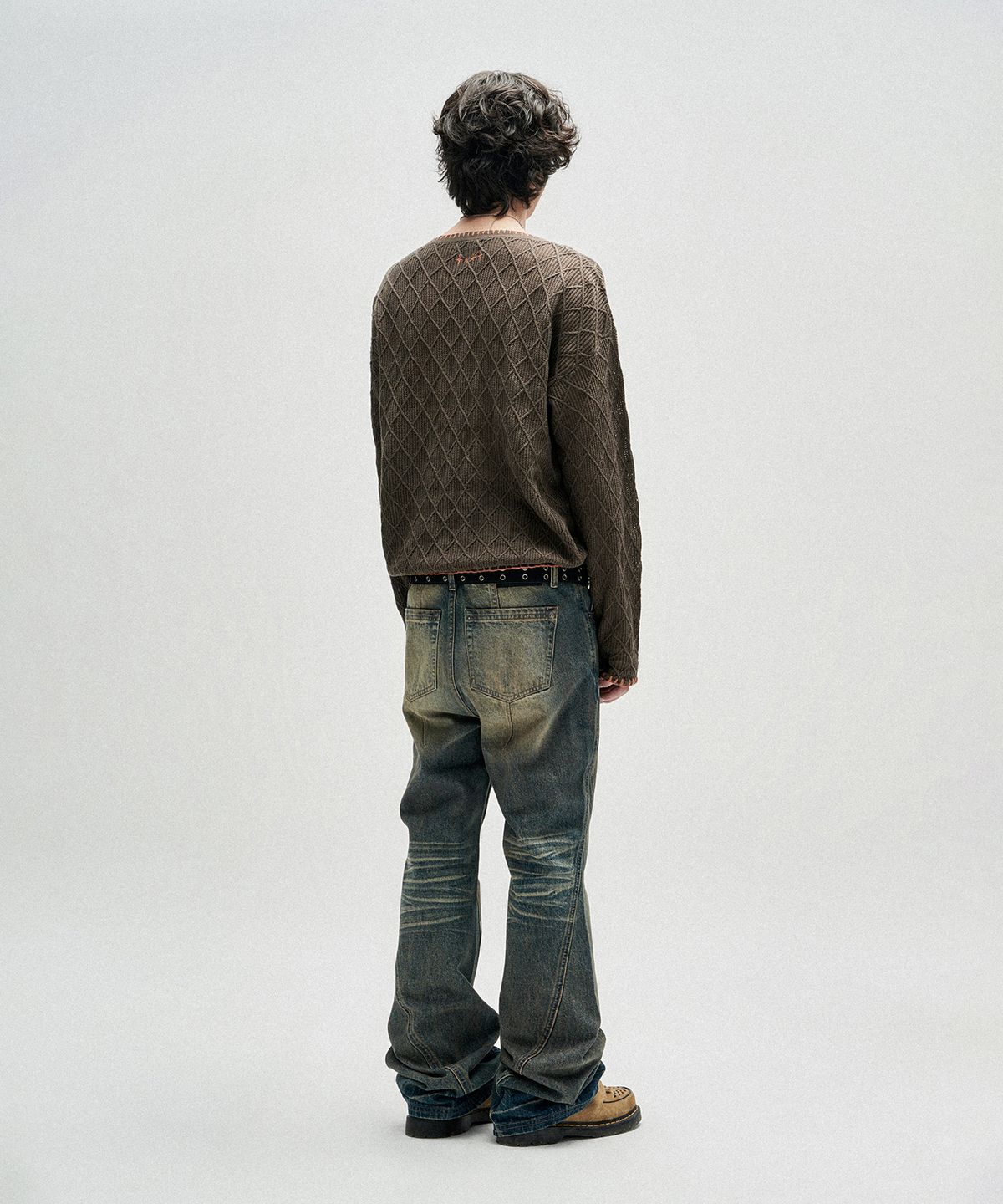 낫포너드(NOT4NERD) Distressed Contrast Hand Stitch Knit - Khaki