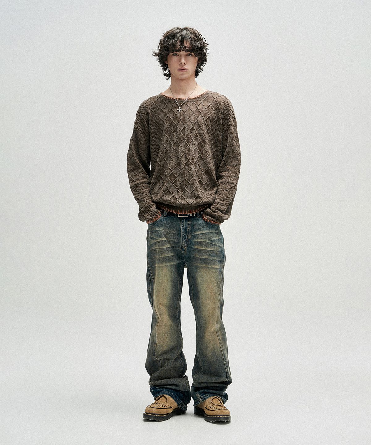 낫포너드(NOT4NERD) Distressed Contrast Hand Stitch Knit - Khaki