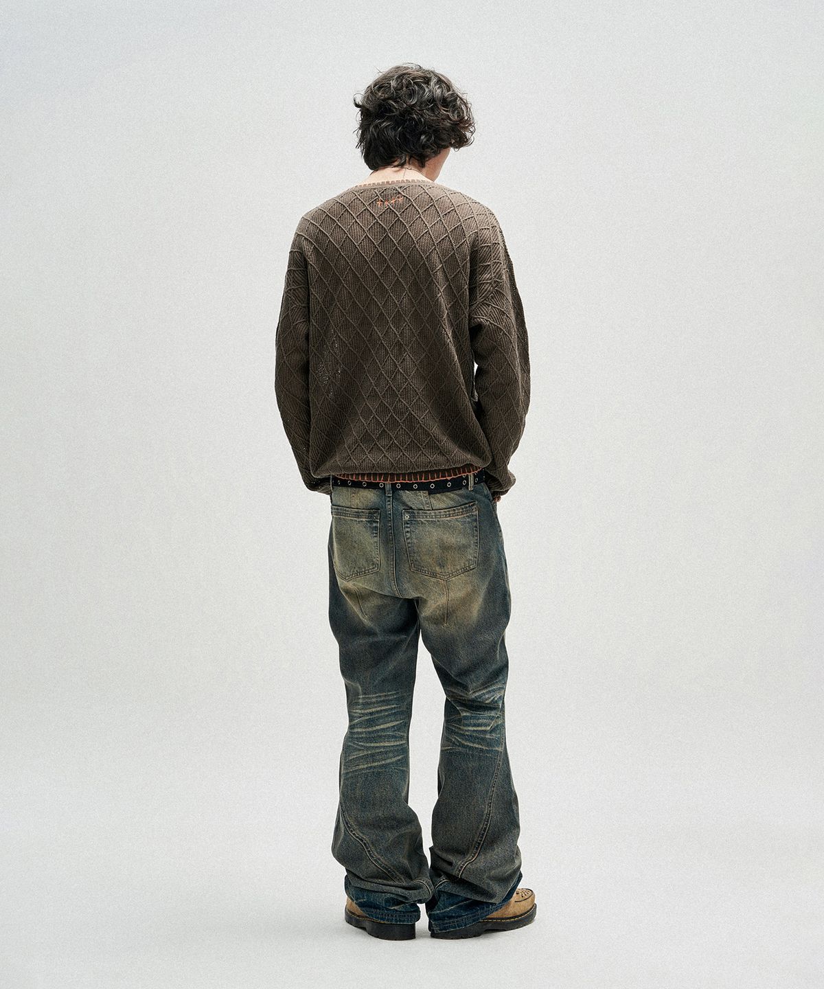 낫포너드(NOT4NERD) Distressed Contrast Hand Stitch Knit - Khaki