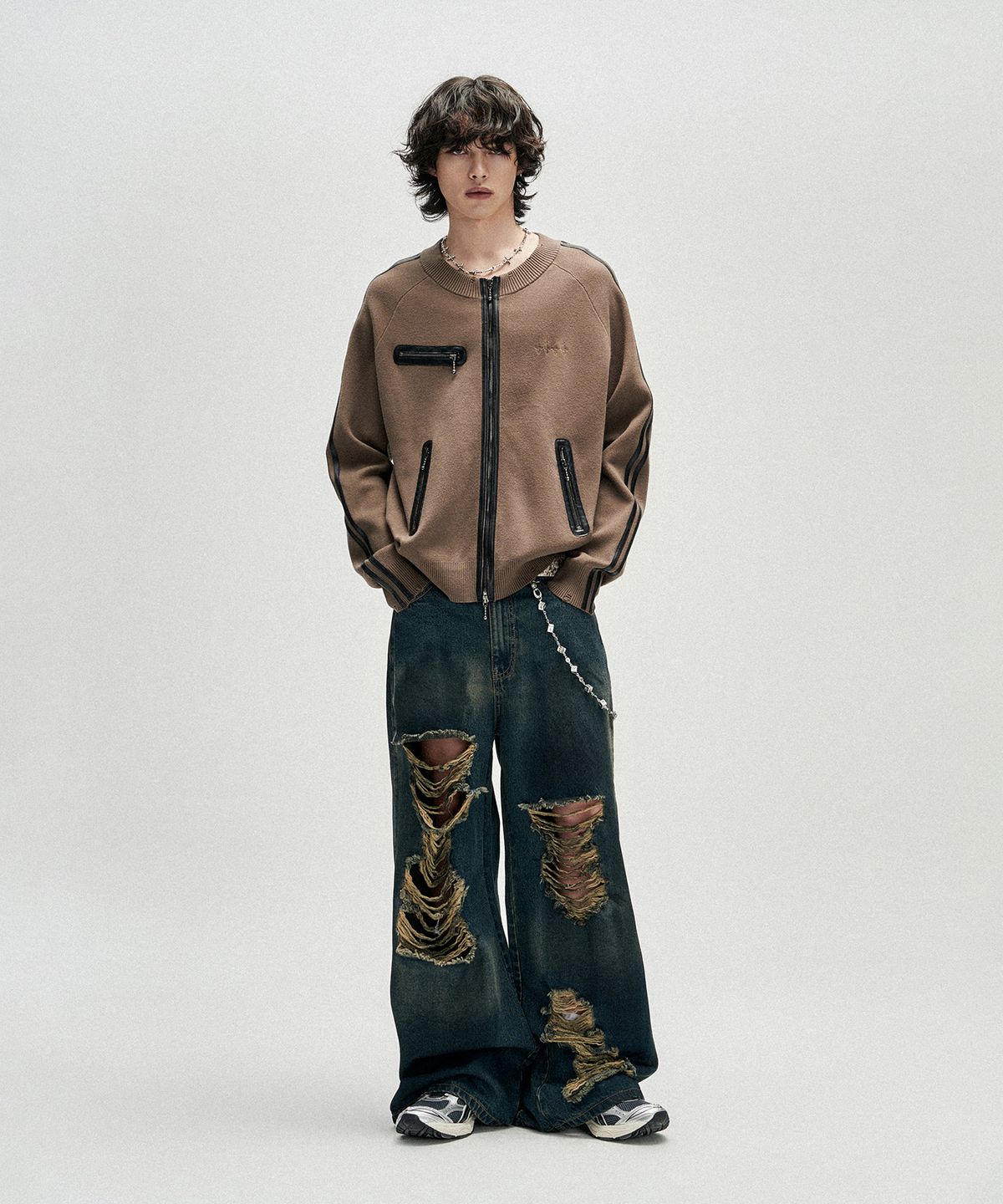 낫포너드(NOT4NERD) Distressed Side Trim Knit Zip Up - Brown