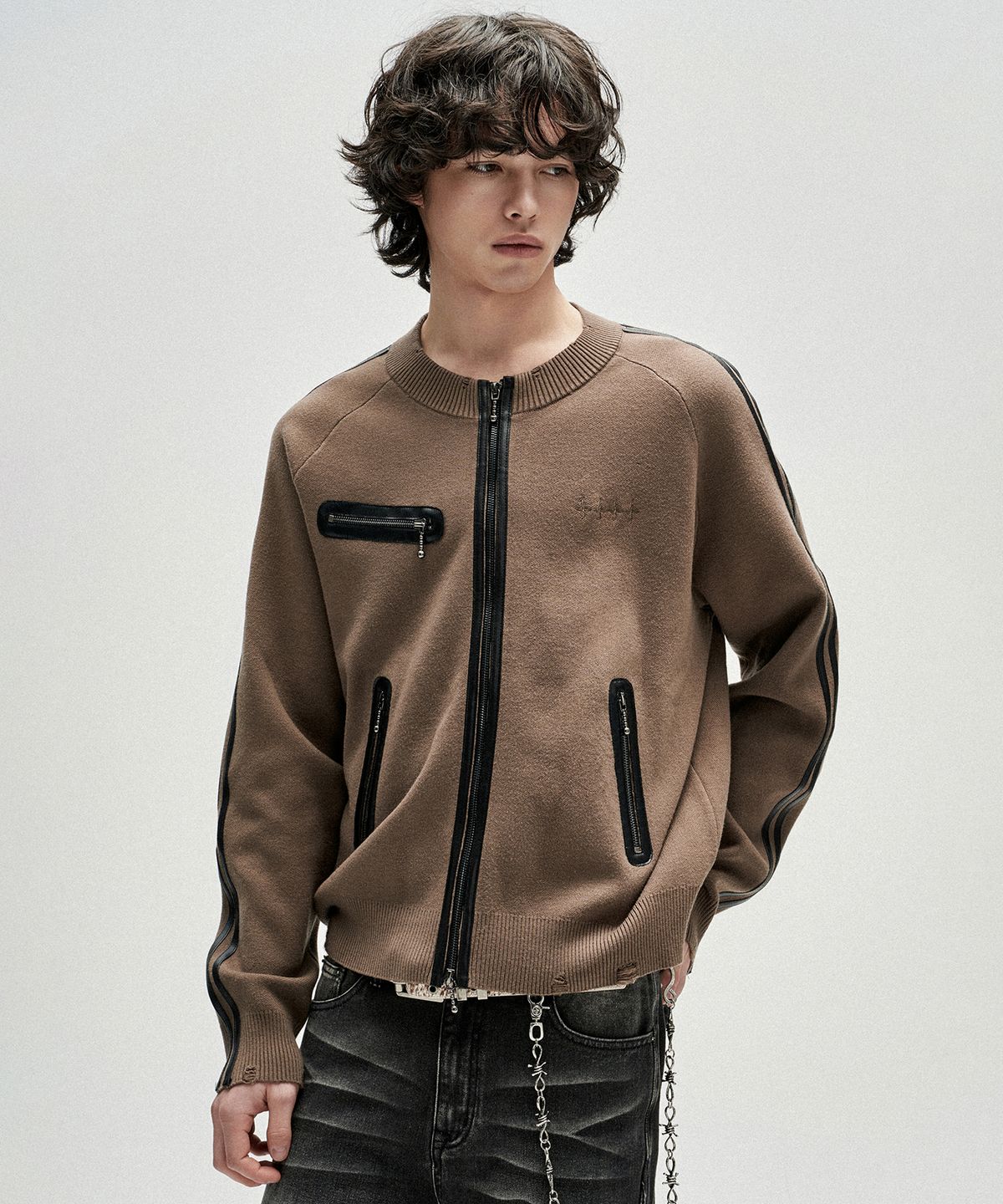 낫포너드(NOT4NERD) Distressed Side Trim Knit Zip Up - Brown