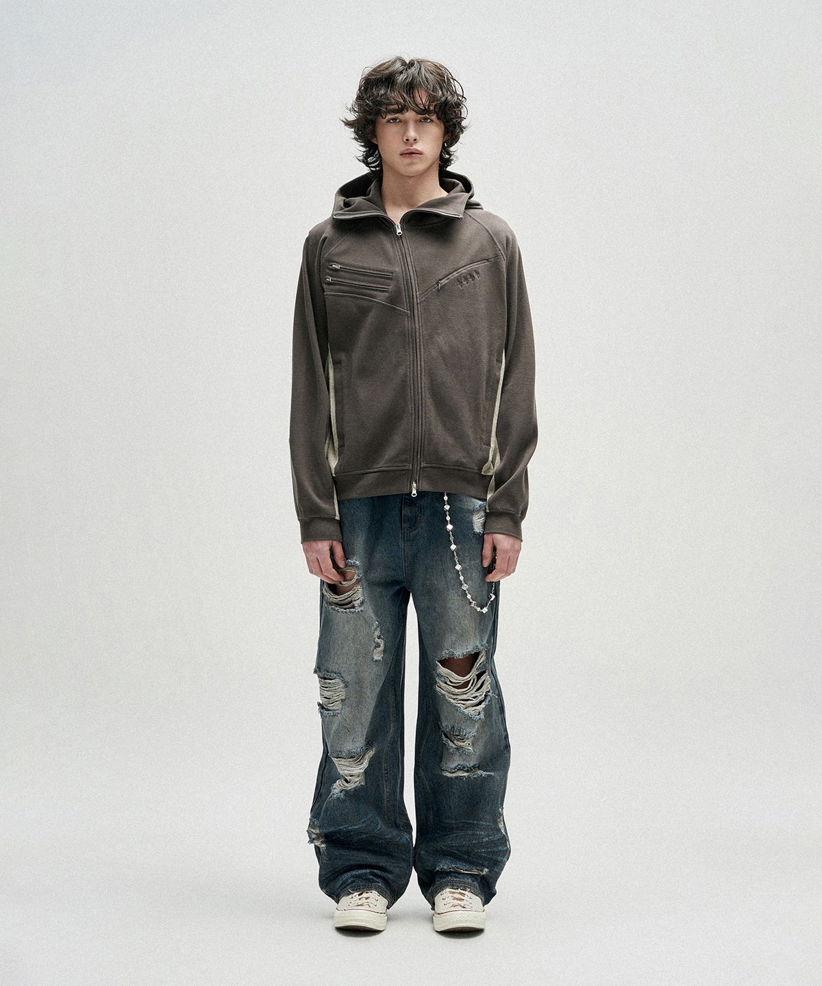 낫포너드(NOT4NERD) Diagonal Rib Panel Hood Zip Up - Charcoal