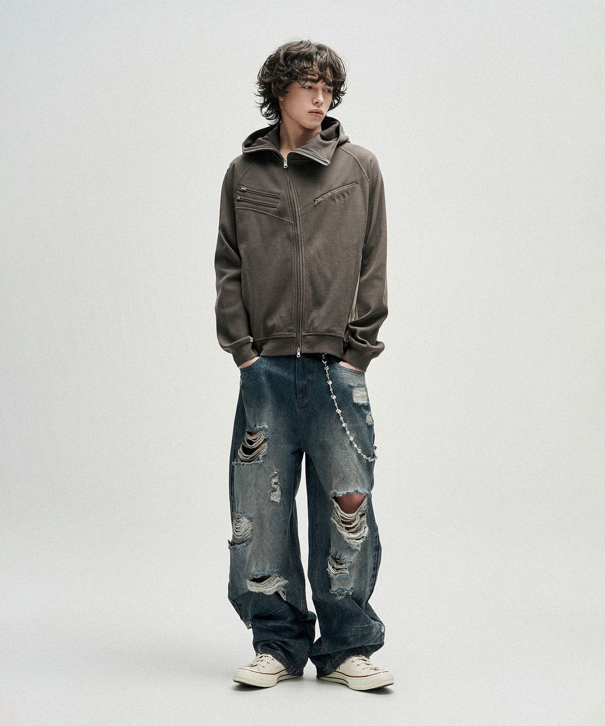 낫포너드(NOT4NERD) Diagonal Rib Panel Hood Zip Up - Charcoal