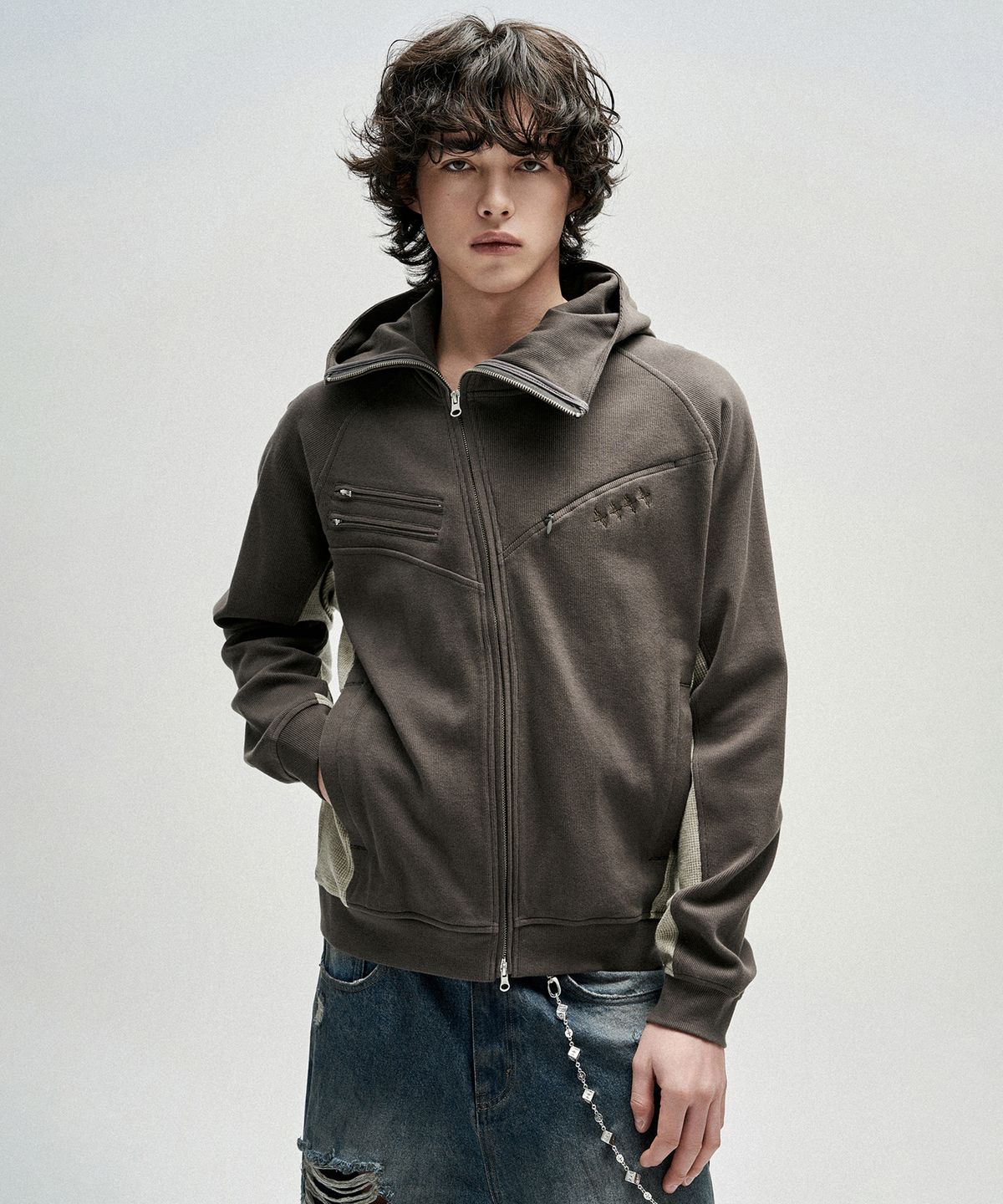 낫포너드(NOT4NERD) Diagonal Rib Panel Hood Zip Up - Charcoal