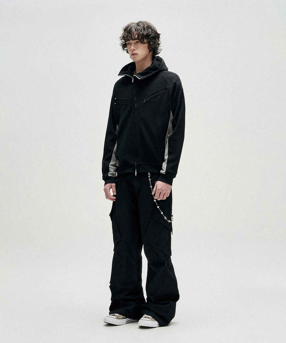 낫포너드(NOT4NERD) Diagonal Rib Panel Hood Zip Up - Black