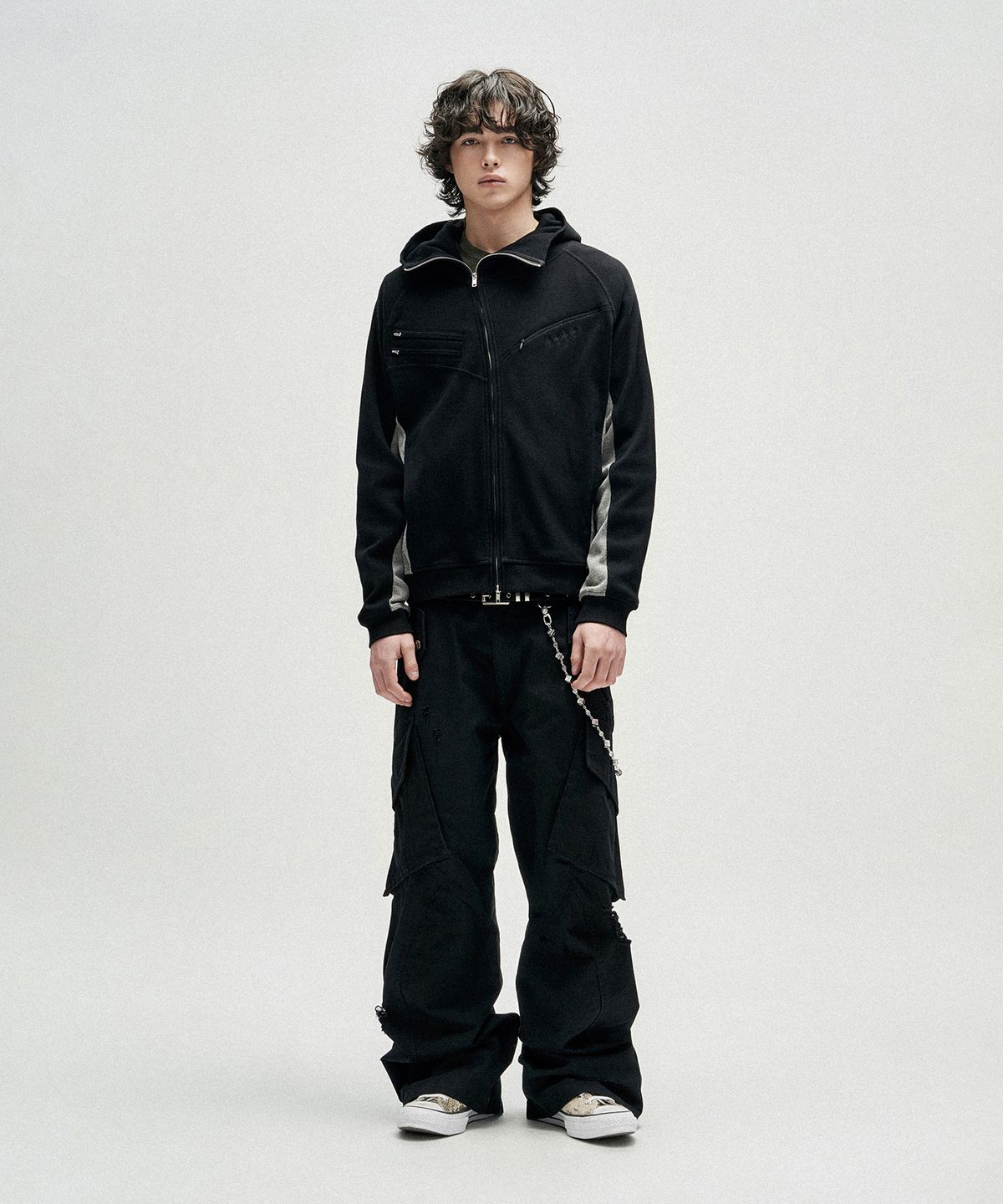 낫포너드(NOT4NERD) Diagonal Rib Panel Hood Zip Up - Black