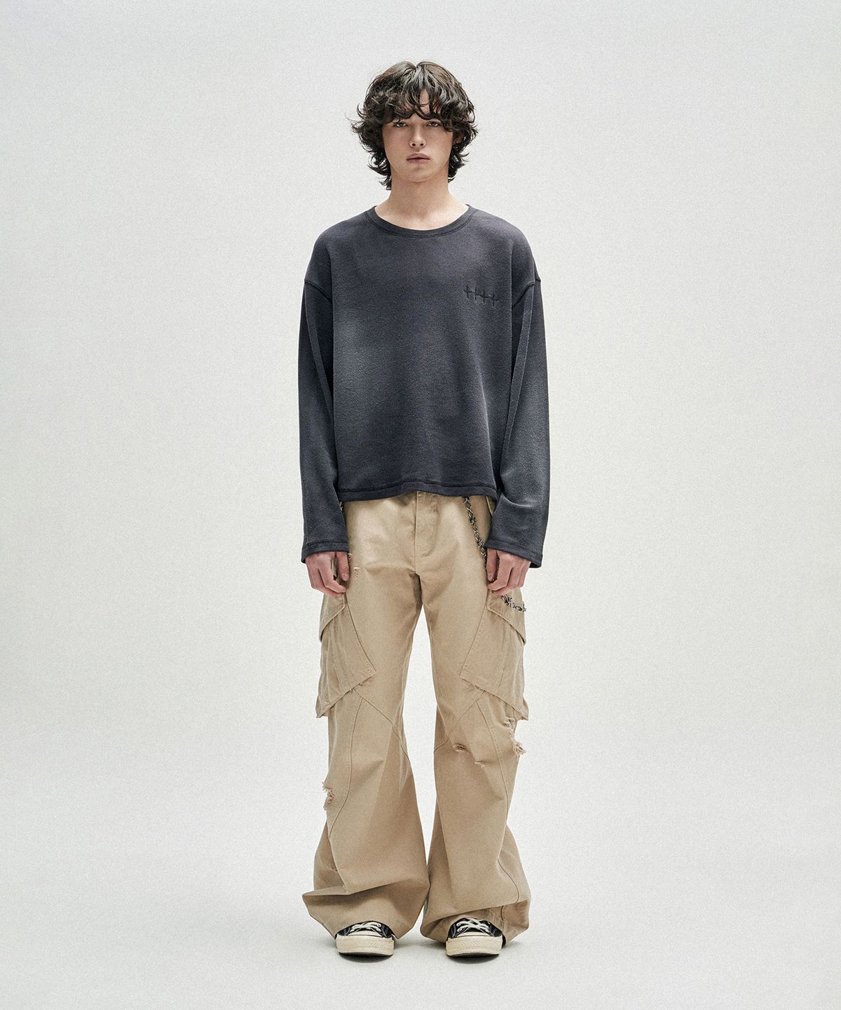낫포너드(NOT4NERD) Distressed Incision Cargo Denim Pants - Beige
