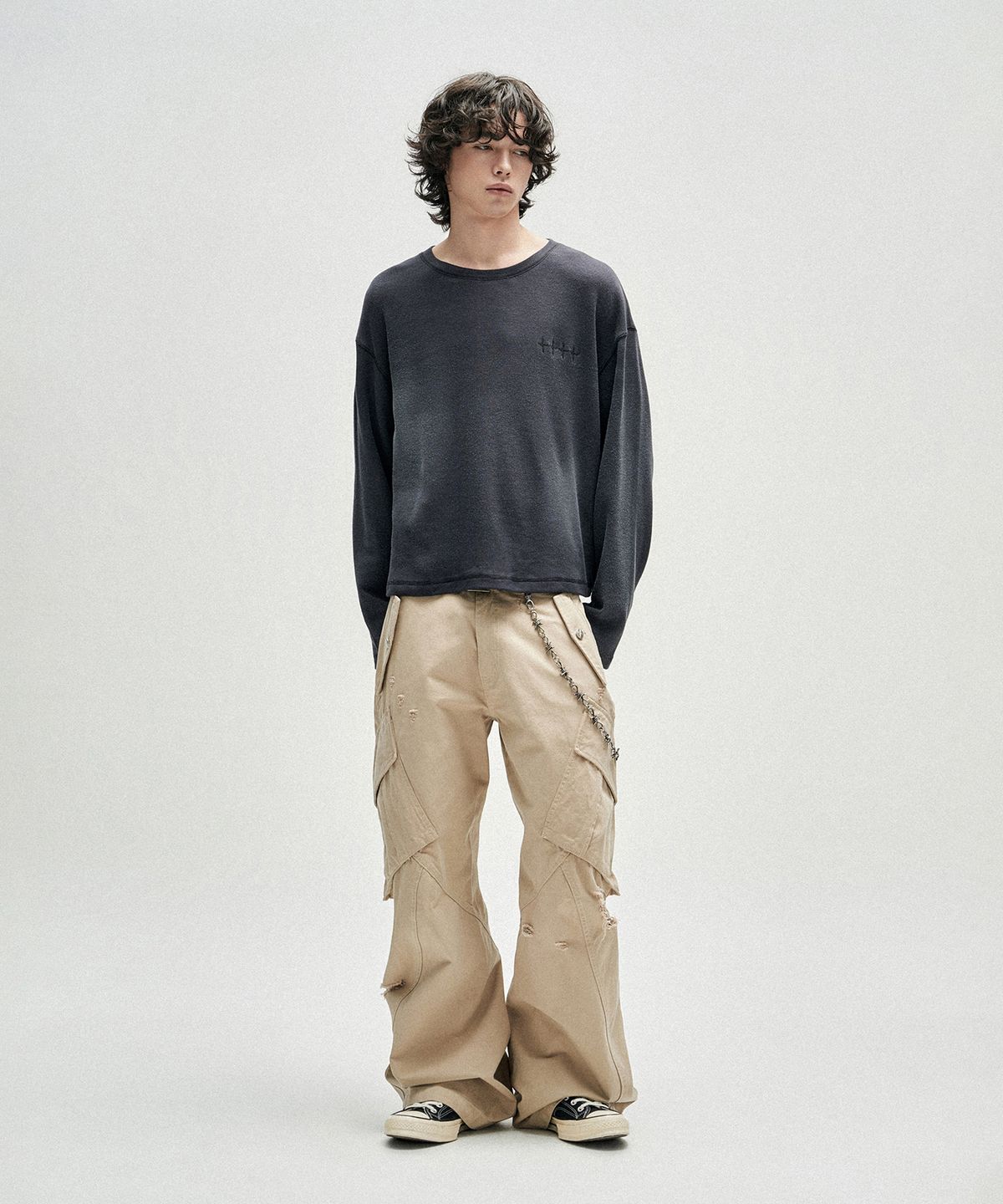 낫포너드(NOT4NERD) Distressed Incision Cargo Denim Pants - Beige