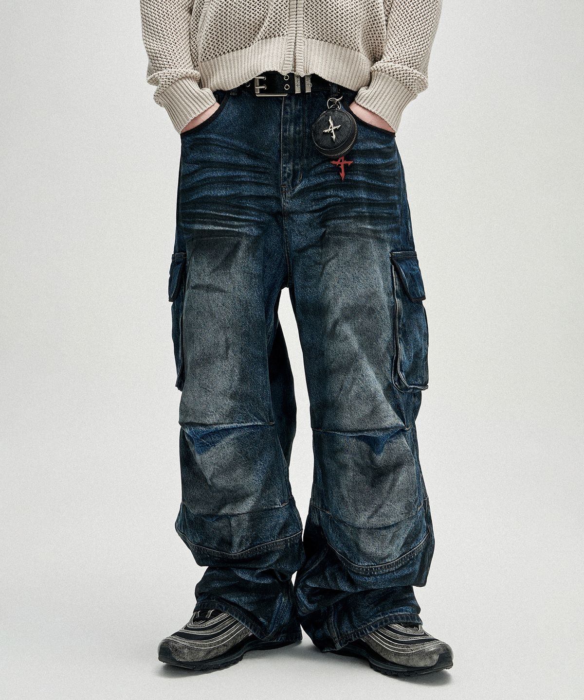 낫포너드(NOT4NERD) Dirty Washed Parachute Cargo Denim Pants - Deep Blue