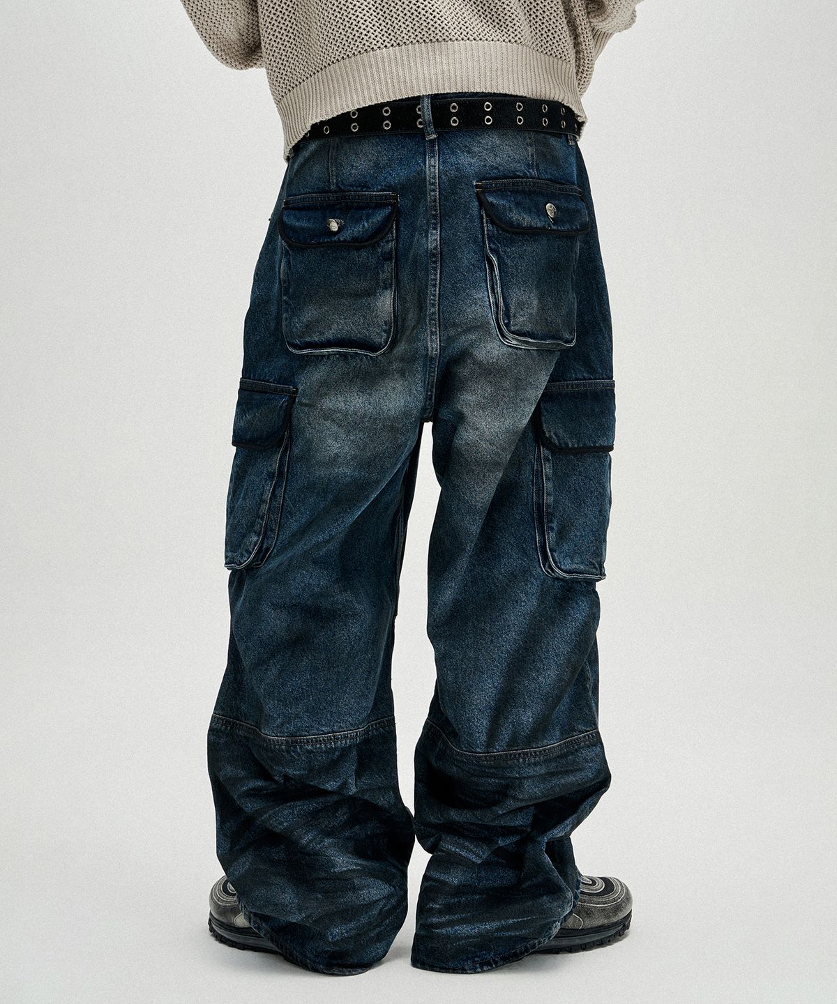 낫포너드(NOT4NERD) Dirty Washed Parachute Cargo Denim Pants - Deep Blue
