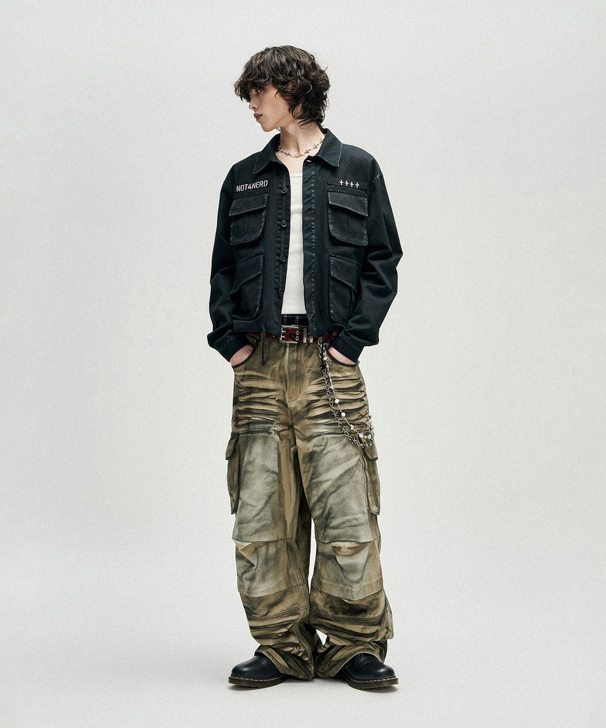 낫포너드(NOT4NERD) Dirty Washed Parachute Cargo Denim Pants - Beige