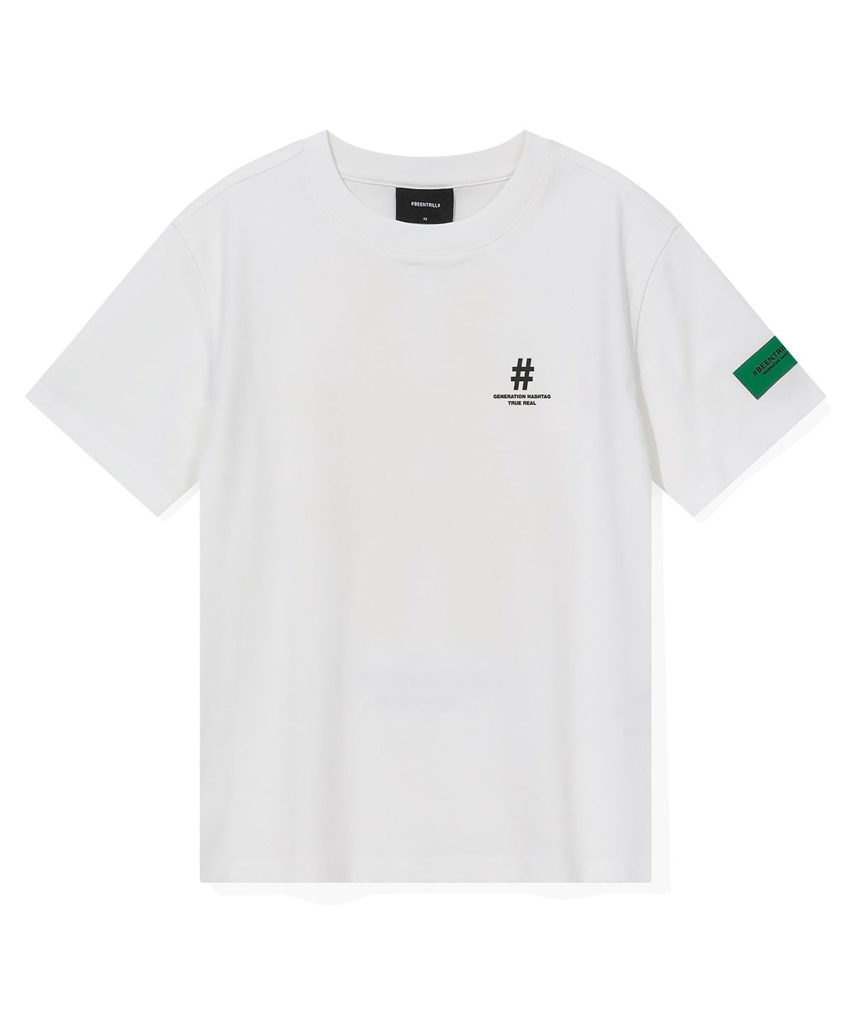 빈트릴(BEENTRILL) 우먼스 그린 테이핑 해시태그 반팔티(오프 화이트)