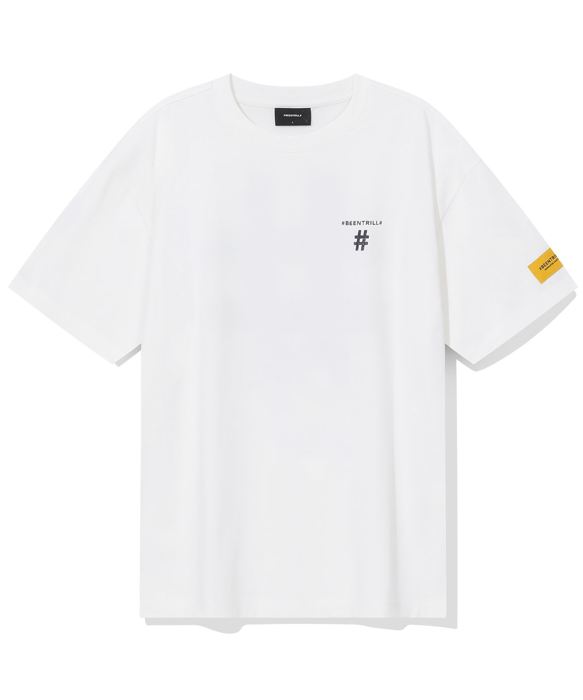 빈트릴(BEENTRILL) 스탬프 해시태그 오버핏 반팔티(오프 화이트)