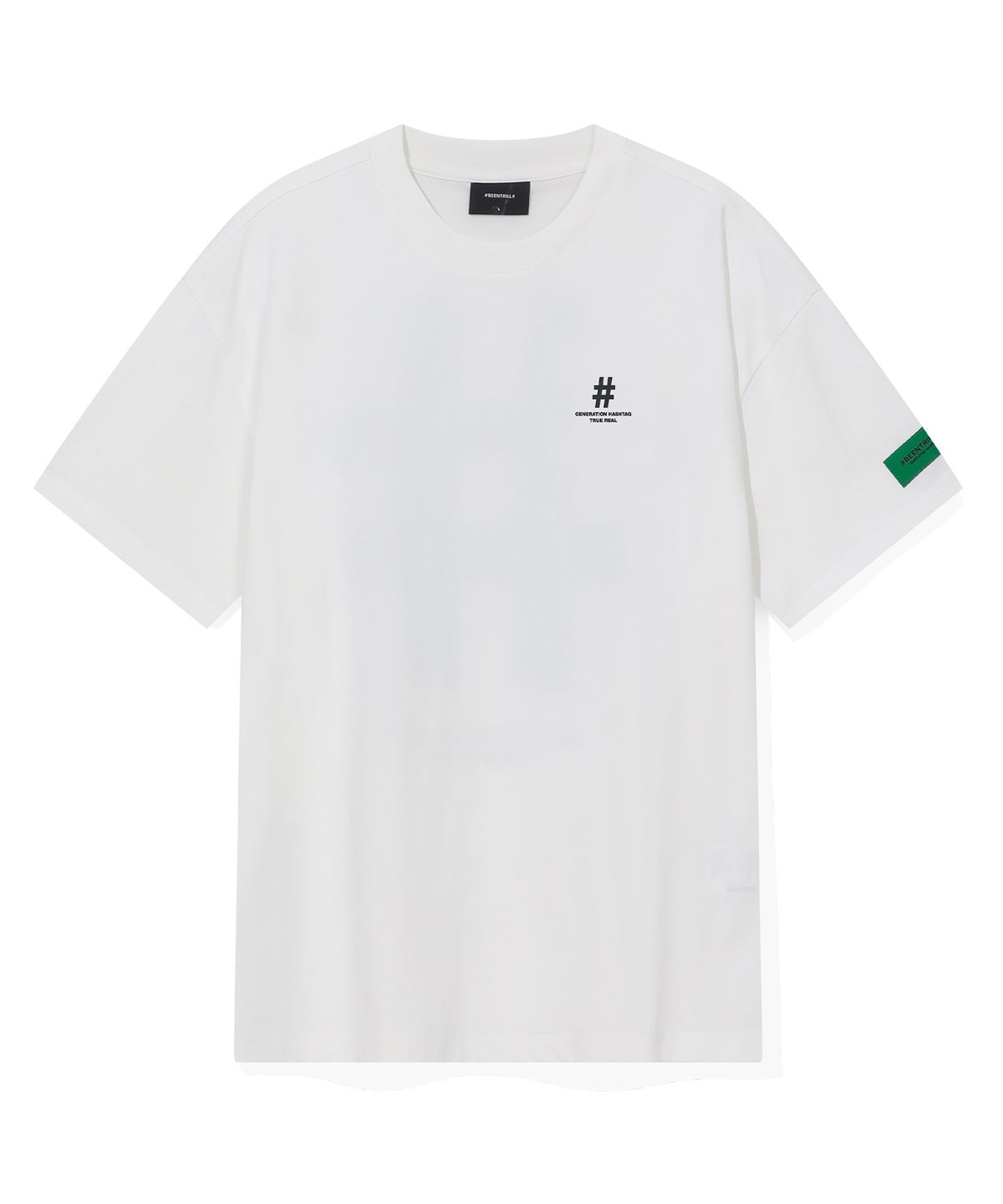 빈트릴(BEENTRILL) 그린 테이핑 해시태그 오버핏 반팔티(오프 화이트)