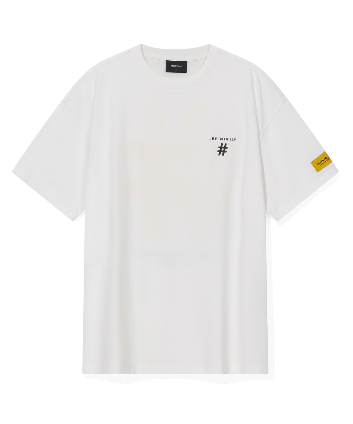 빈트릴(BEENTRILL) 테이핑 해시태그 오버핏 반팔티(오프 화이트)