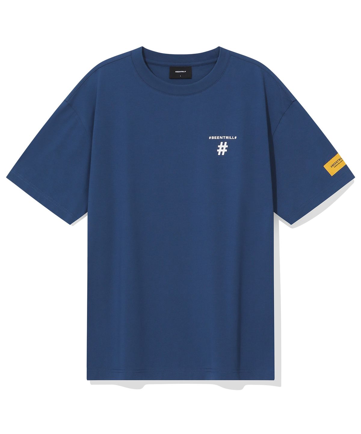 빈트릴(BEENTRILL) 테이핑 해시태그 오버핏 반팔티(블루)