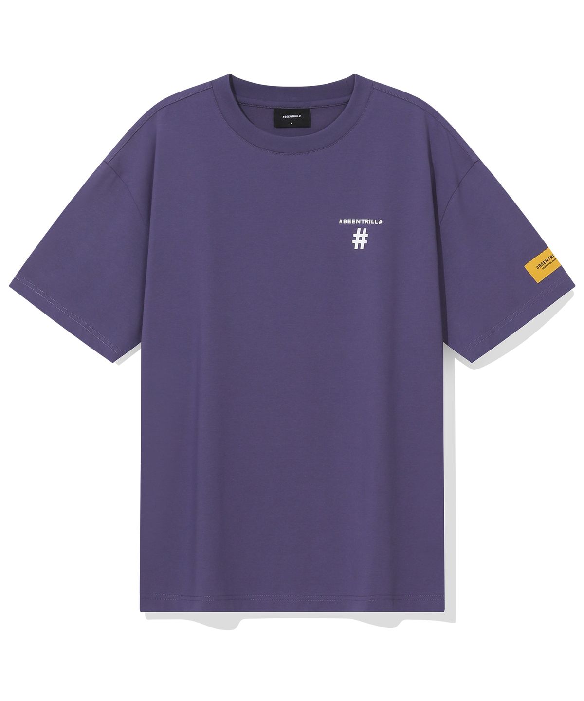 빈트릴(BEENTRILL) 테이핑 해시태그 오버핏 반팔티(바이올렛)