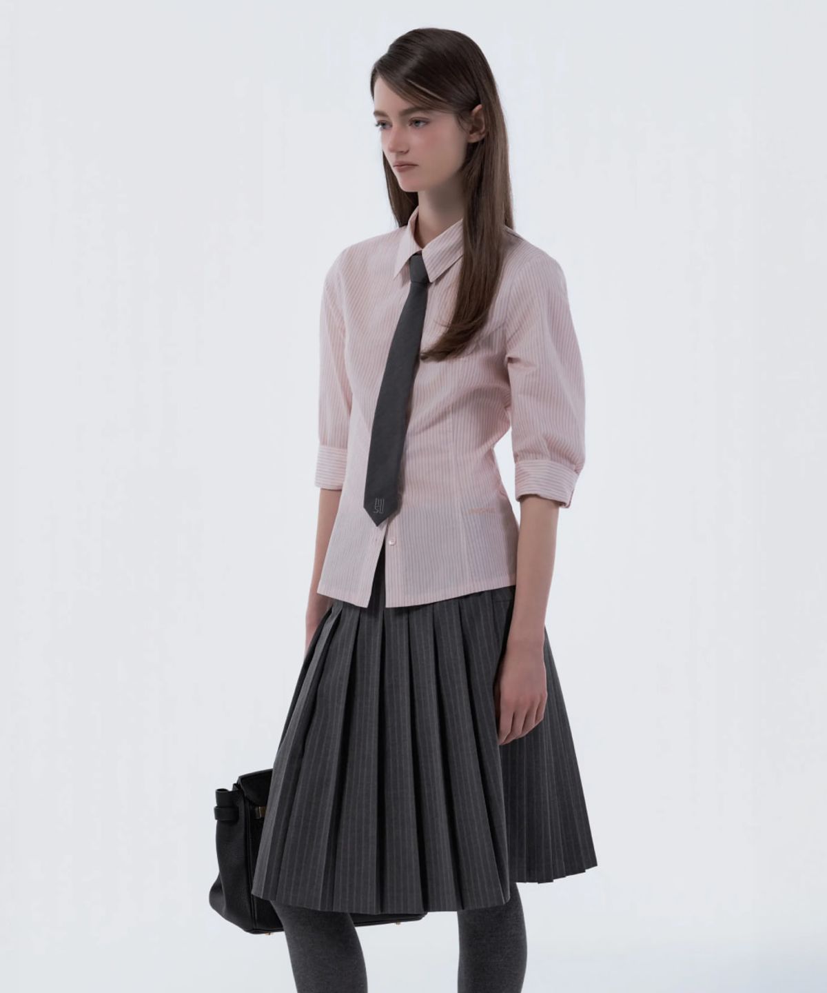 마우솔레움(MAU SOLEUM) Jenn Pleated Midi Skirt - Grey Stripe