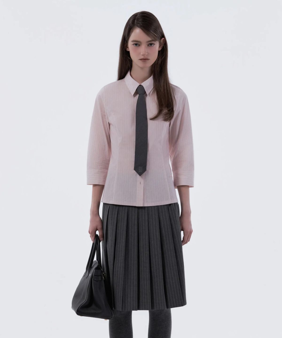 마우솔레움(MAU SOLEUM) Jenn Pleated Midi Skirt - Grey Stripe
